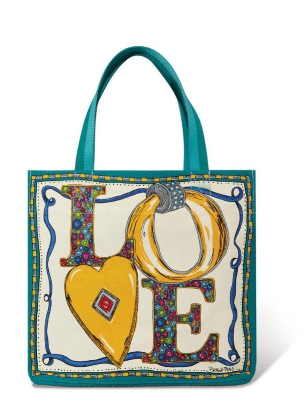 Brighton Charmed Love Tote features a vibrant, hand-drawn "LOVE"